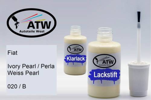 Fiat, Ivory Pearl / Perla Weiss Pearl, 020 / B: 20ml Lackstift + 20ml Klarlack - Set, von ATW Autoteile West.